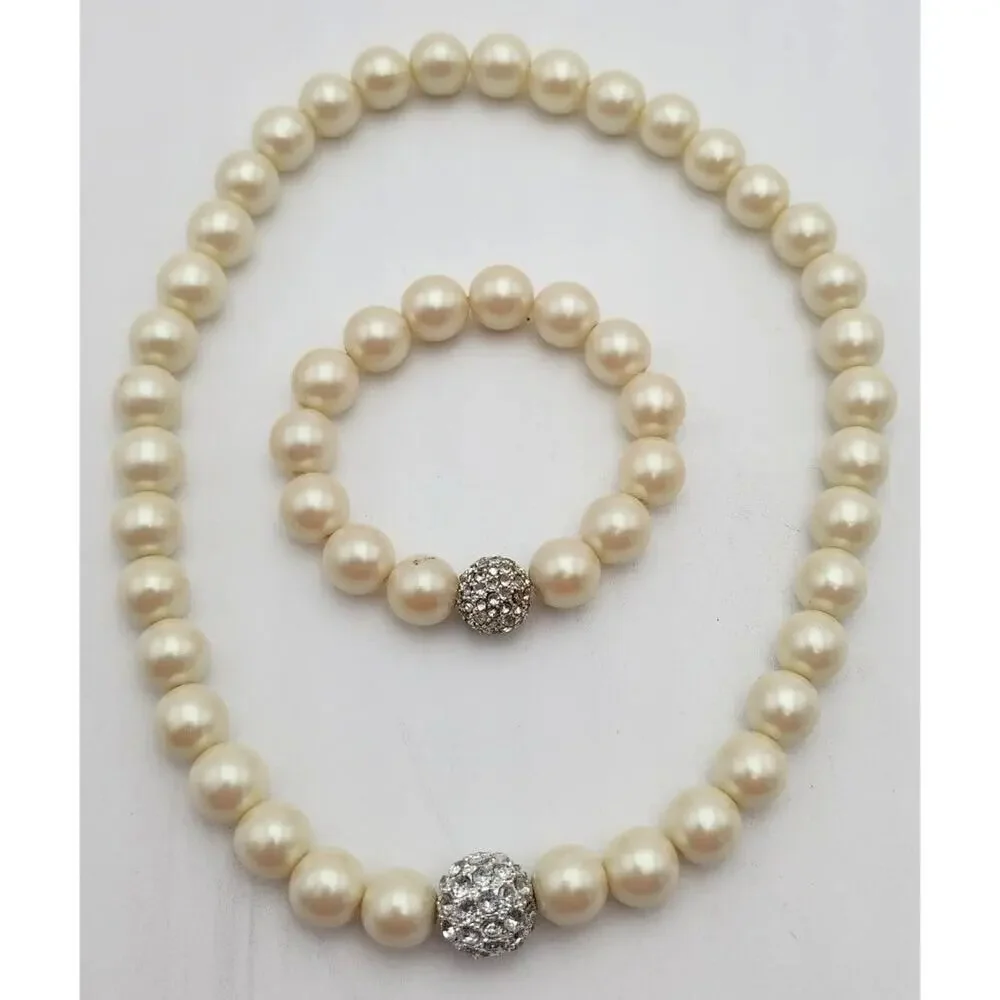 Stella & Dot Girls Faux Pearl Beaded Necklace and Bracelet Faux Crystal Accents